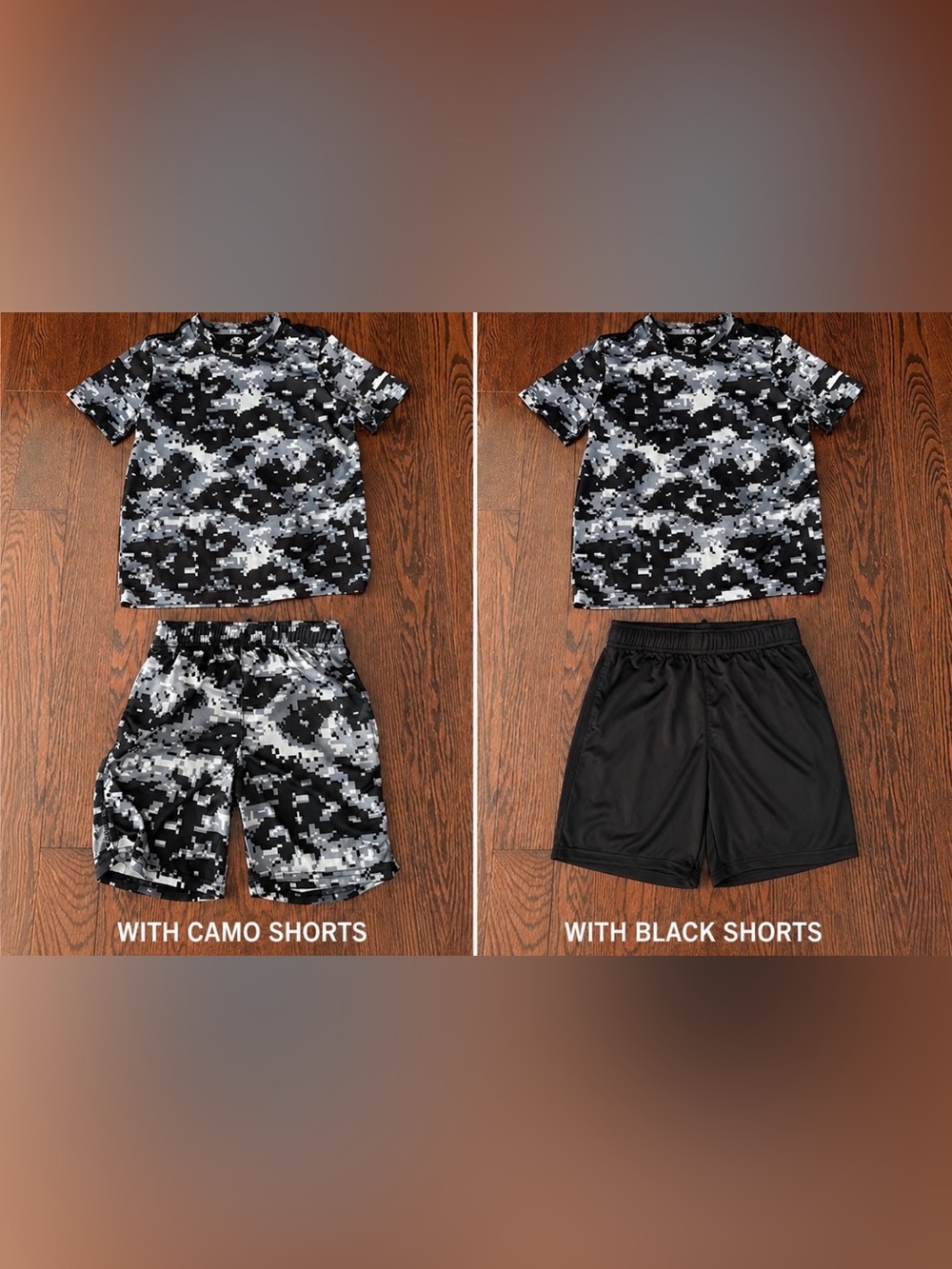 Athletic Works Boys 3 Piece Set Size 8 Gray Black Digital Camo Shirt & Shorts